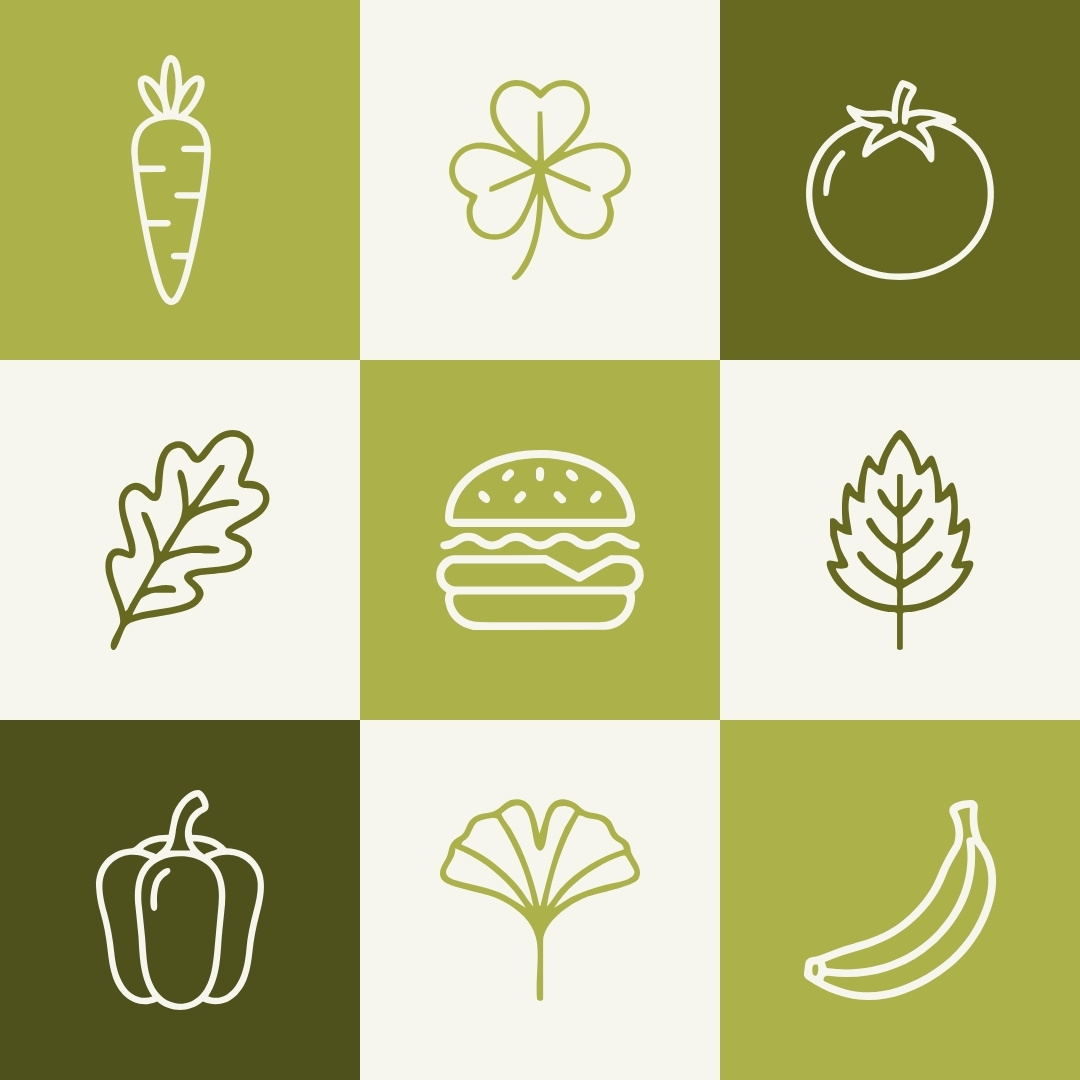 Sistema de iconografía minimalista para Ecomunal. Retícula con nueve iconos de línea gráfica de hojas y alimentos sobre fondos en tonos verde orgánico y crema. Universo visual diseñado por Outroute Digital.
